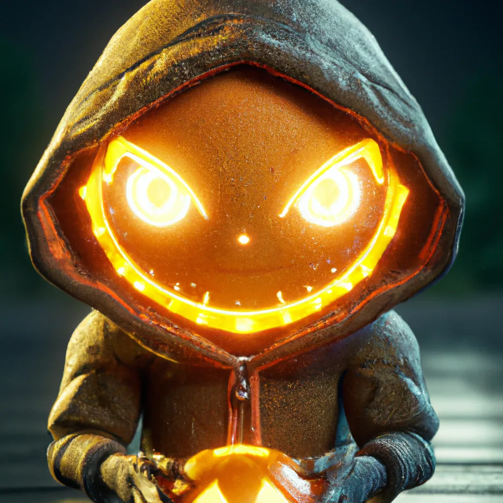 Prompt: a cute anthropomorphic jack-o-lantern thief, glowing eyes, glowing mouth, dystopian medieval, wearing a hood and intricate ninja clothing,  moody lighting, octane render, trending on artstation, haze, ultra-detailed, film photography, sharp focus, studio photo, intricate details, highly detailed, digital Art, perfect composition, artistic photography, photorealistic concept art, soft natural volumetric cinematic perfect light, chiaroscuro, award - winning photograph, masterpiece, oil on canvas