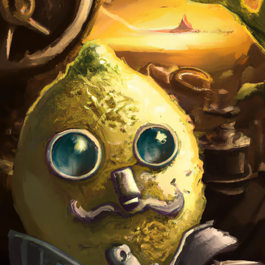 Prompt: extremely detailed lemon with anime face in a steampunk landscape a still of Studio Ghibli