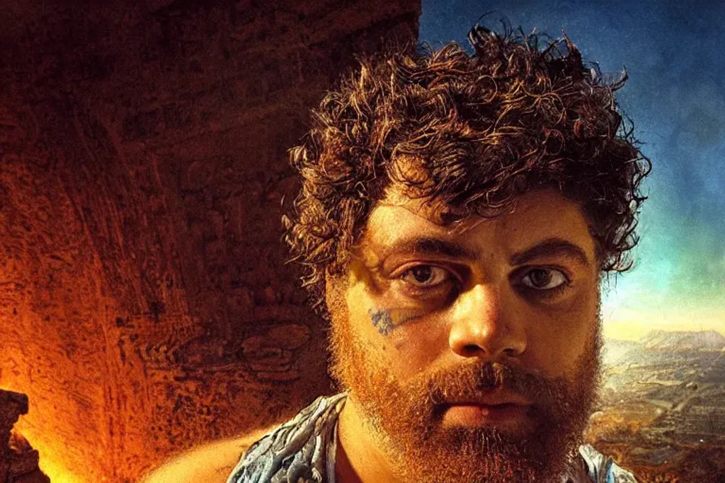 Prompt: Young heavyset cute Oliver Reed, intricate hair, detailed beard, clear intricate face, with glowing runes on the body, glowing lights, orange and cyan lighting, symmetrical, wide eyes, intricate ancient Greece landscape, light scattering, breathtaking beauty, intricate detailed environment, dramatic sunset, by Greg Rutkowski