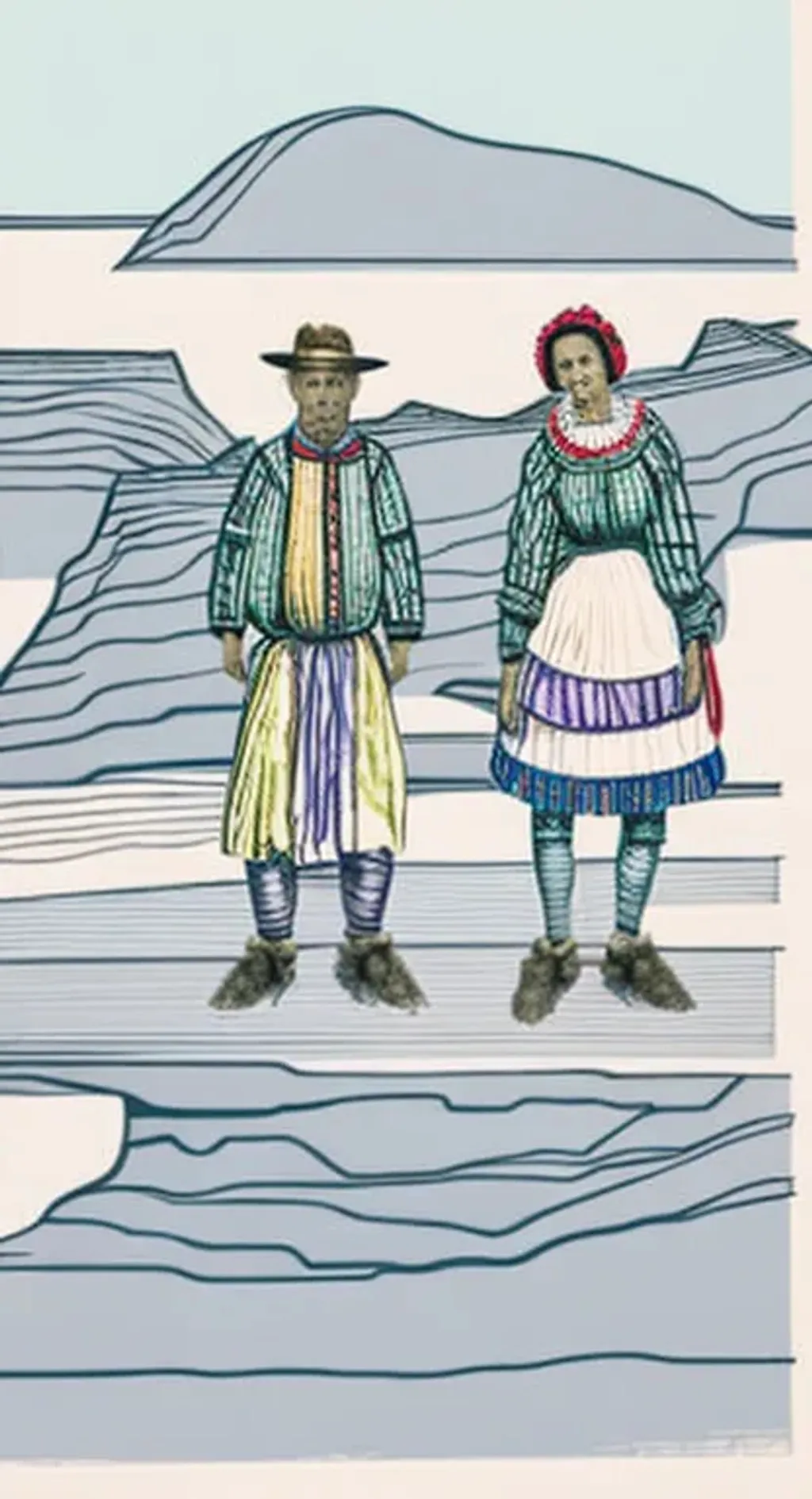 Prompt: Colored etching of a man and a woman in rustic clothing, highly detailed, anthropological drawing, realistic, 8k quality