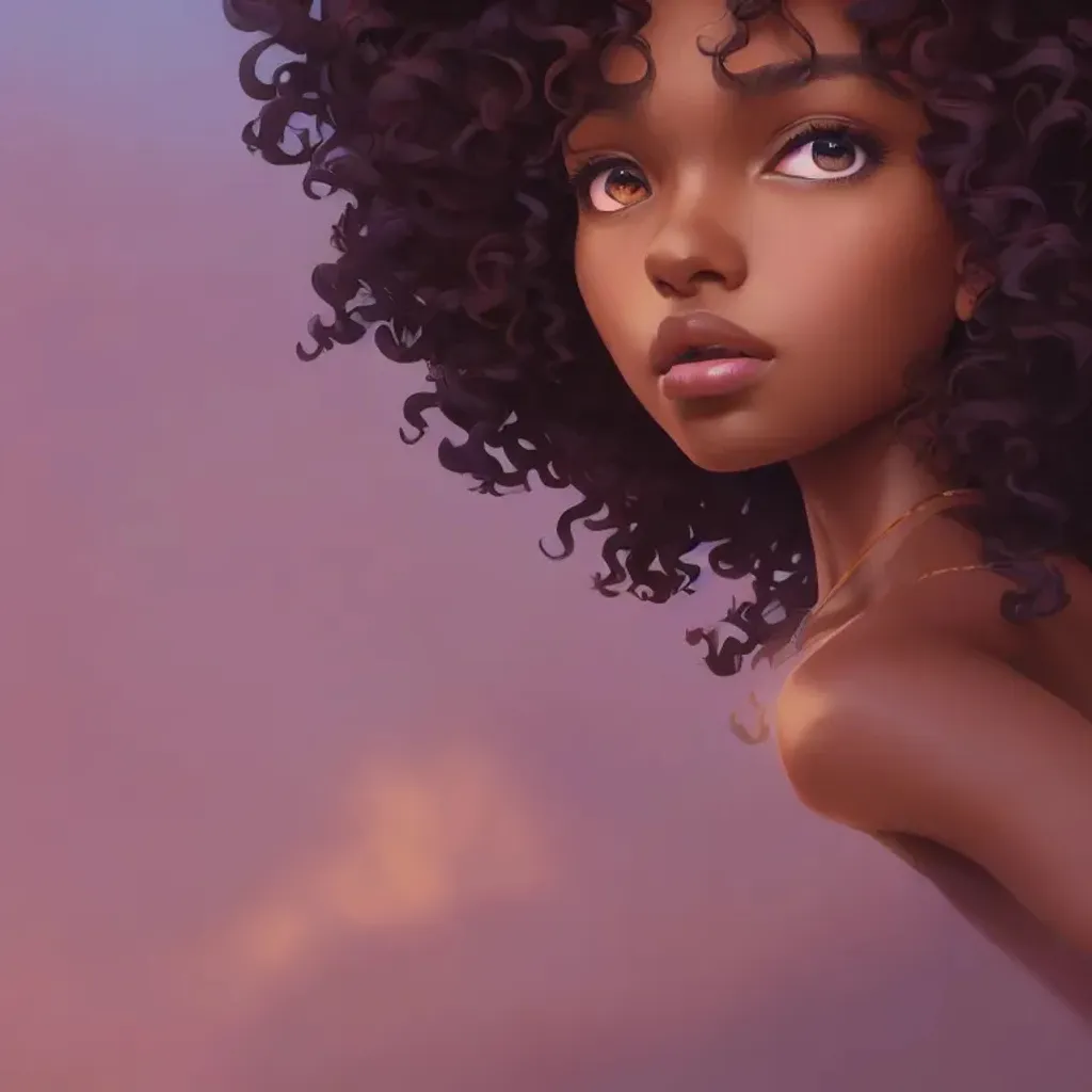 A girl with curly hair is looking at the sunset in a... | OpenArt