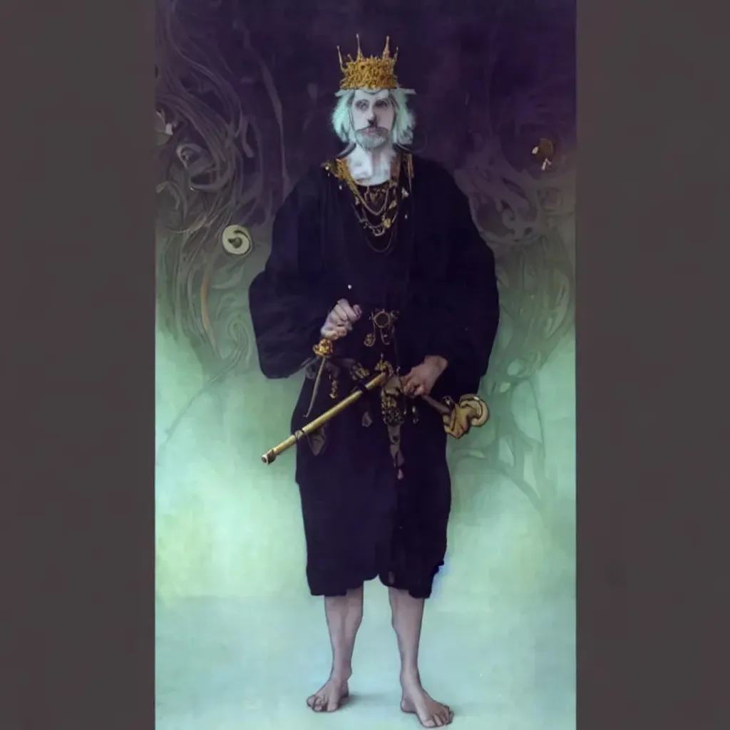 Prompt: a man with a crown standing holding a cane, fantasy man, king, white hair, yellow eyes, strong jawline, pale skin, gold circles, detailed face, dark atmosphere, attractive, masterpiece, smooth, sharp focus, illustration, golden ratio,purple robes, jewels, garden, art by Alan Lee Albrecht Durer alphonse mucha klimt