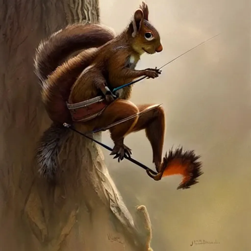 Prompt: a squirrel archer, Justin Gerard and Greg Rutkowski, realistic painting, Digital art, very detailed, High definition, trending on Artstation