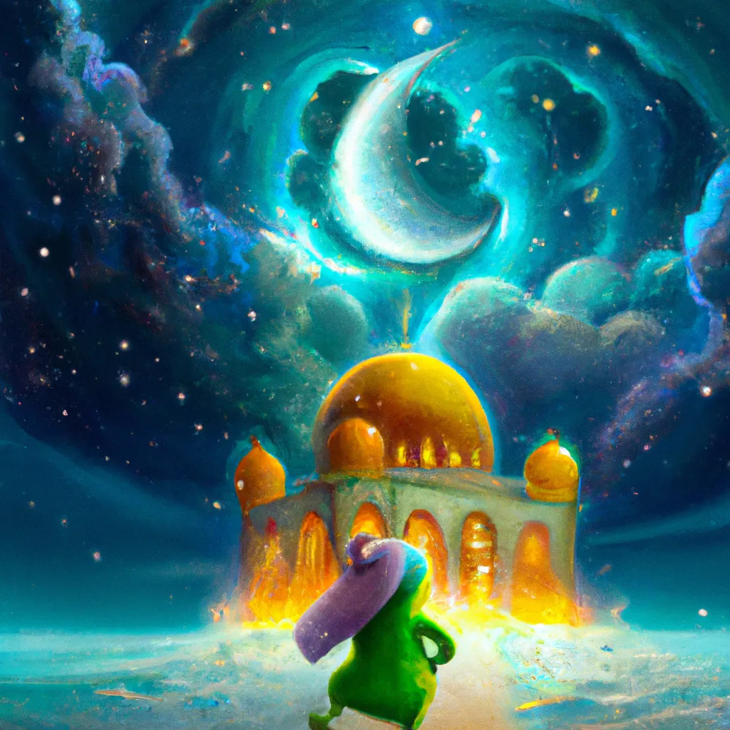 Prompt: lemon walking towards a mosque surrounded by galaxy nebula clouds, highly detailed, digital art, backlit, full moon , a disney character design art