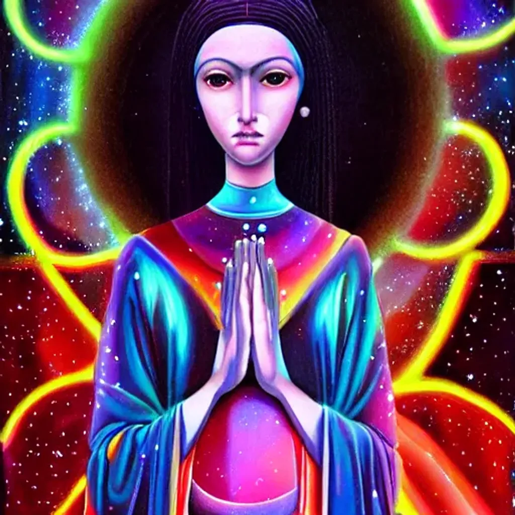 Prompt: saint germain and 🛸🌈👩🏾 krishna, futuristic iridescent clothing, wormhole, nebula, black hole, aries constellation, multiverse, neon god of city character portrait, in the style of margaret keane, moebius, tom bagshaw, and waterhouse, cinematic lighting, beautiful, elegant, oil painting,