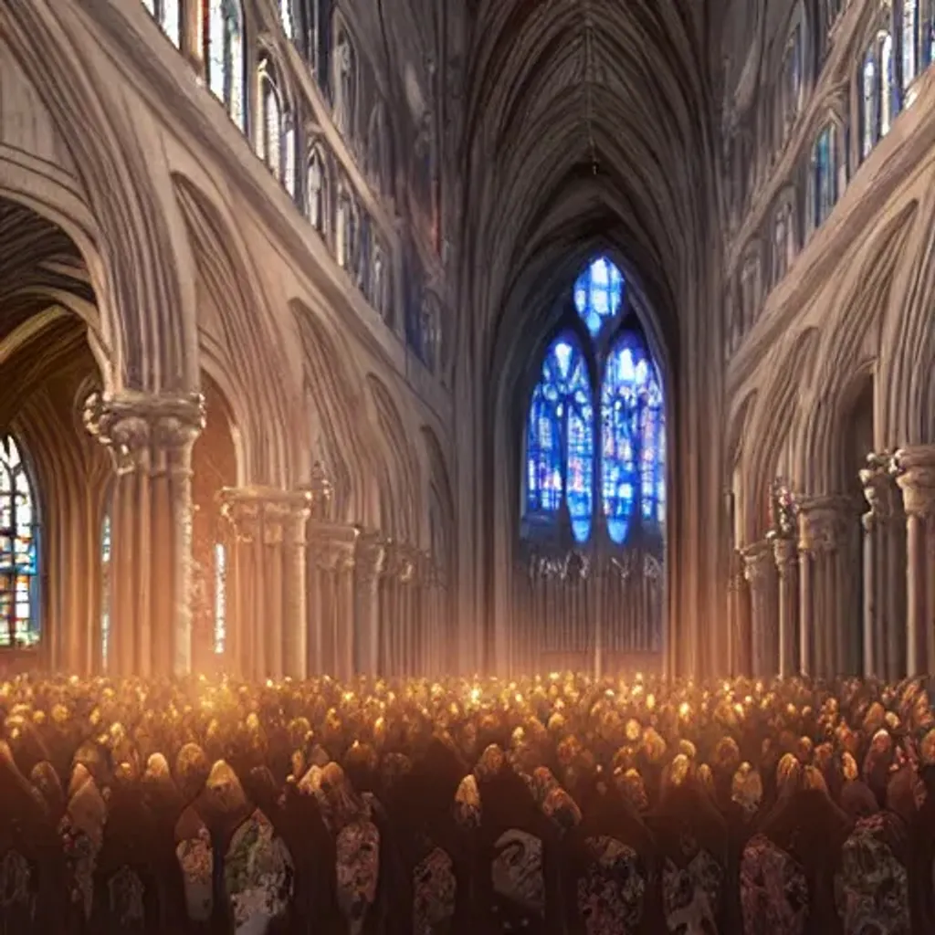 Prompt: People praying in the cathedral on Christmas, by Artgerm, WLOP, 8k resolution, intricately detailed, volumetric lighting, splash art, trending on ArtStation, Unreal Engine 5