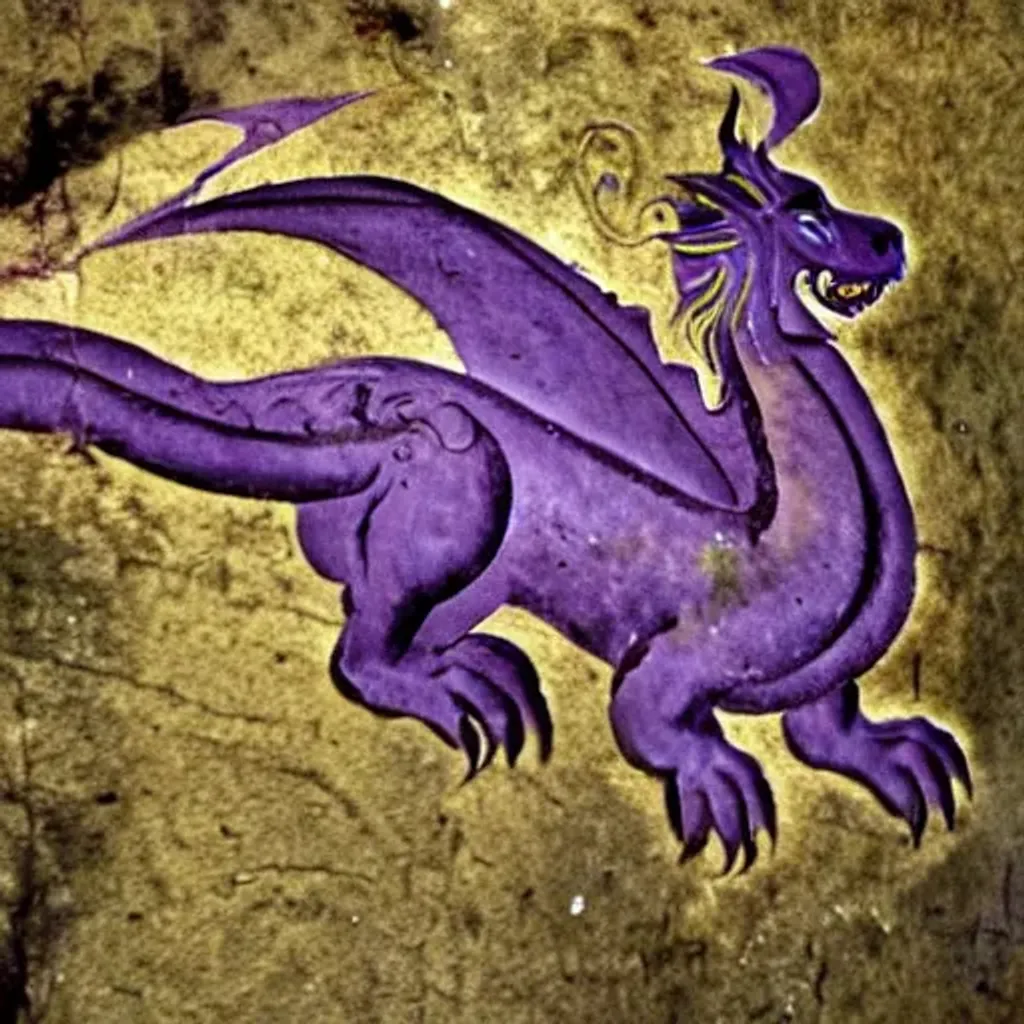 Prompt: ancient fresco, picture of a purple dragon.