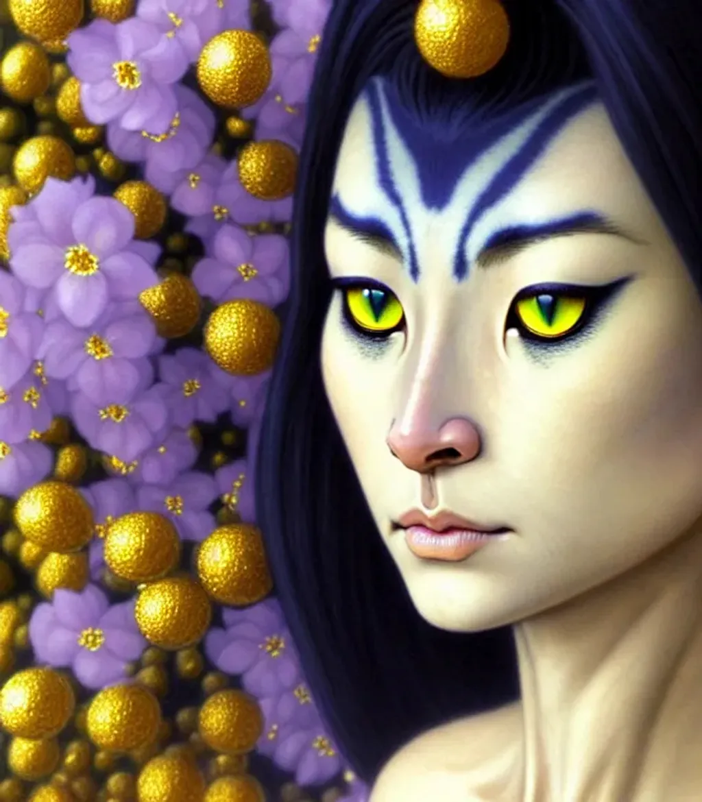 Prompt: (( woman-cat shapeshifter)) indigo cream mustard pine amber silver photorealistic eyes, (lynx-Influence) by Yayoi Kusama, Alan Lee, beautiful face, two beautiful hands, two beautiful arms, impeccable skin details, very healthy, galaxy hair, glowing translucent fractal ((flowers)) by ((Sybilla de Merian, John Berkey)) background theme (murmuration of particles) made of shining translucent crystal, high index of refraction, bioluminescent (fractal spray of droplets) by ((Howard David Johnson)) airbrush, acrylic on paper, smokey sky, fBm clouds, sunlight and shadows,  cinematic, ultra realistic, sense of high spirits, global illumination, volumetric fog,  volumetric lighting, occlusion, Poser 128K UHD fractal, pi, fBm