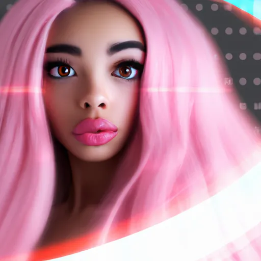 Prompt: absolutely beautiful black woman with long flowing pink hair, cyber aesthetic, IMVU, beautiful eyes, gorgeous makeup, pink eye color, pink lips, caramel colored shiny skin, portrait, sharp focus, blurred background, candid photograph, glamor shot, glitchcore vaporwave synthwave artstation