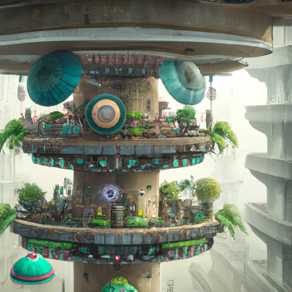 Prompt: Matte painting of the bird's eye view of umbrella tower. garden balconies. retrofuturistic architecture. dynamic perspective. urban, detailed digital art trending in artstation