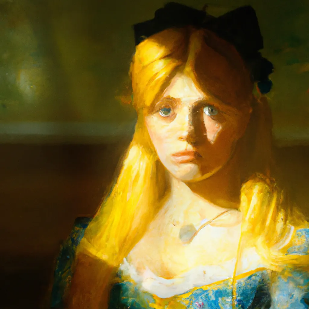 Prompt: professional Painting, yellow haired woman, with blue eyes, in a white room, looking a the viewer, detailed lips, sun rays, by Pierre-Auguste Renoirb, by jules basten-lepage,  nostalgic lighting, centered