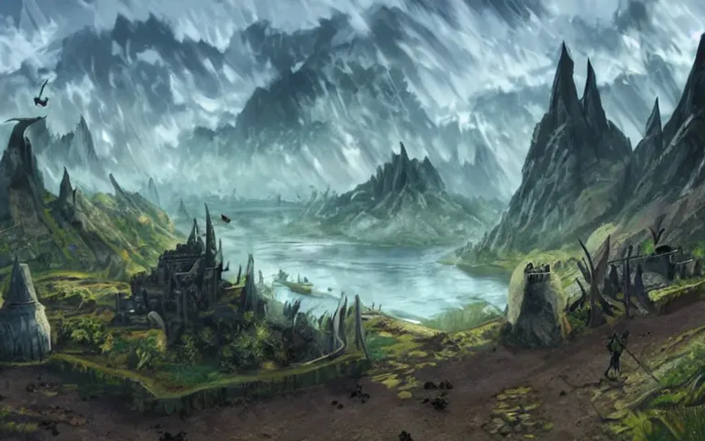 Prompt: landscape, video games, elder scrolls, morrowind, blades, swords, fantasy, dragons, mountains, fields, trees, retro, ariel view, blue sky, bright blue, bright green, battle, warriors, mages, wizards, witches, orcs, trolls, fantasy city in the distance, day time, bright, 80s dark fantasy film, 80s dark medieval film, 80s fantasy film, 80s medieval film, fantasy village, fantasy castle, fantasy stronghold, fantasy city, fantasy video game, townsfolk, dragons, tamriel, fantasy buildings, defined fantasy city, elder scrolls city, vvardenfell, volcano, red mountain, balmora, sedya neen, caldera, netch, bull netch, vivec, ebonheart, Hlaalu, Telvanni, Redoran, mournhold, cliff racer, dagoth ur, vivec city, giant mushroom trees