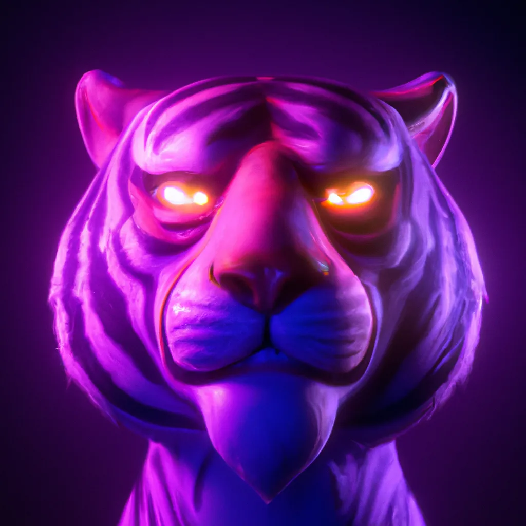 Prompt: 3D render of a smug tiger, octane 3d, zbrush, maya, cinema 4d, blender, purple backlighting