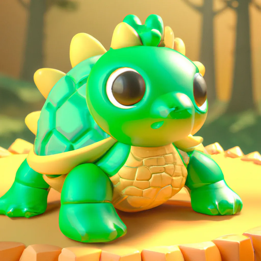 Prompt: cute 3D render of a rounded baby turtle dragon in a clay style, on a yellow coloured brick, a frontal view, colorful forest background, substance 3d painted, blender, glossy texture, volumetric lighting, high resolution, trending on behance.net, by nintendo