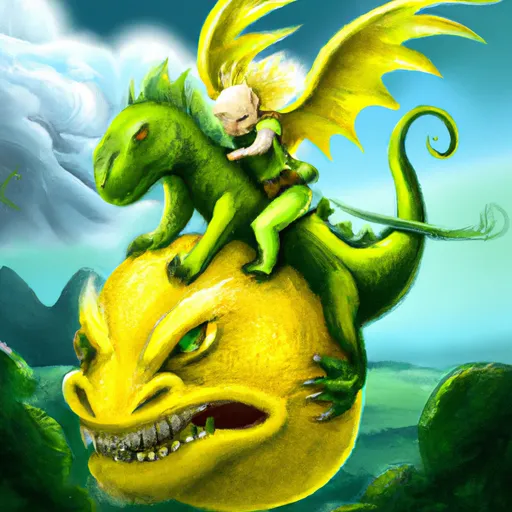 Prompt: lemon hero riding a green dragon to rescue a lemon princess, digital art, 3d, realistic