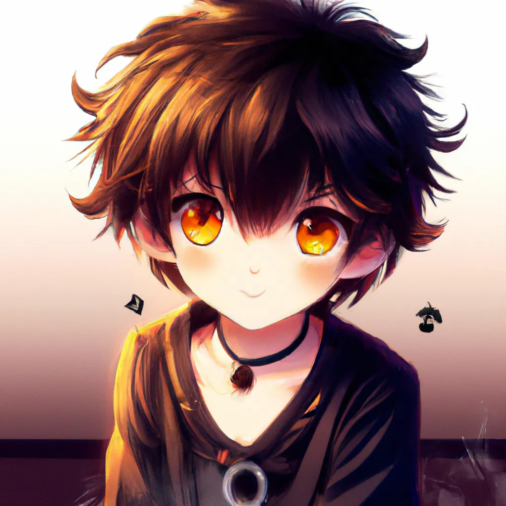 Prompt: cute anime boy, soft, shy, short boyish hair, wavy black fluffy hair, big amber eyes, orange eyes, detailed eyes, dog collar, cute!!, kawaii, kyoto animation, free anime, anime, animated, character design, character concept, trending online, 2010s anime, key visual, saturated, high quality, 8k, by Ryota, Rimmu, Ayumi, Kantoku, fantasy outfit, dog collar