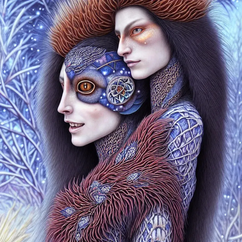 Prompt: humanoid lady fursona, Felinoid, by Amanda Sage, ryan hewett, marie spartali stillman, attractive, elegant, confident, optimistic, smiling, indigo pine red fulvous silver photorealistic beautiful eyes, heavenly look, pearls and Ruby jewelry, highly detailed long silken fur, Winter, background theme fireworks, fractal snowflakes by Ernst Haeckel, Android Jones, furaffinity,  ((centered composition)) ultra realistic, global illumination, occlusion, volumetric lighting, volumetric mist, sharp focus, narrow DoF, 128K UHD Poser, octane  