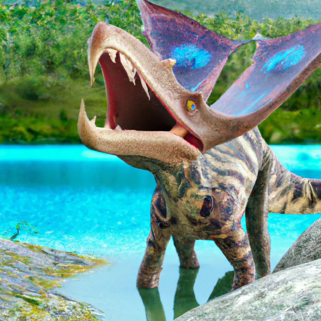 Prompt: The giant dinosaur bat amphibian, with colorful leather patterns, living in an oasis lake, lizard-like wide bony jaw, trypophobic, toxic animal, chimera from the pre-historic era, in habitat. speculative evolution. Highly realistic accurate anatomical CGI representation,  dinosaur features, has small ears, paleoart,  amazing poisonous colors and patterns on its leather skin, hyperrealistic,  