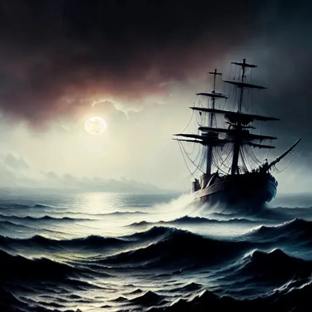 Prompt: A beautiful painting moon showing (((skull and crossbones))), decrepit pirate ghost ship, bow breaking through heavy eerie thick misty fog, surrounding the ship, thick clouds, closeup, by greg rutkowski and makoto shinkai, artstation, studio ghibli, vivid color, wlop,  volumetric lighting, octane render, 8k resolution, masterpiece