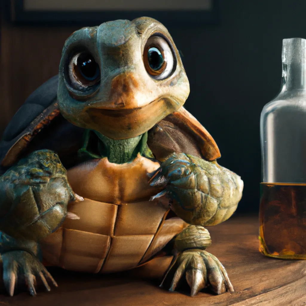 Prompt:   turtle with big eyes in hoodie  pixar holding a whiskey bottle complete dark background, digital Art, perfect composition, beautiful detailed intricate insanely detailed octane render trending on artstation, 8k artistic photography, unreal engine 5, photorealistic concept art, soft natural volumetric cinematic perfect light, chiaroscuro, award - winning photograph, masterpiece, oil on canvas, raphael, caravaggio, greg rutkowski, beeple, beksinski, giger, white background. icon on white background. isolated graphic, digital Art, perfect composition, beautiful detailed intricate insanely detailed octane render trending on artstation, 8 k artistic photography, photorealistic concept art, soft natural volumetric cinematic perfect light, chiaroscuro, award - winning photograph, masterpiece, oil on canvas, raphael, caravaggio, greg rutkowski, beeple, giger