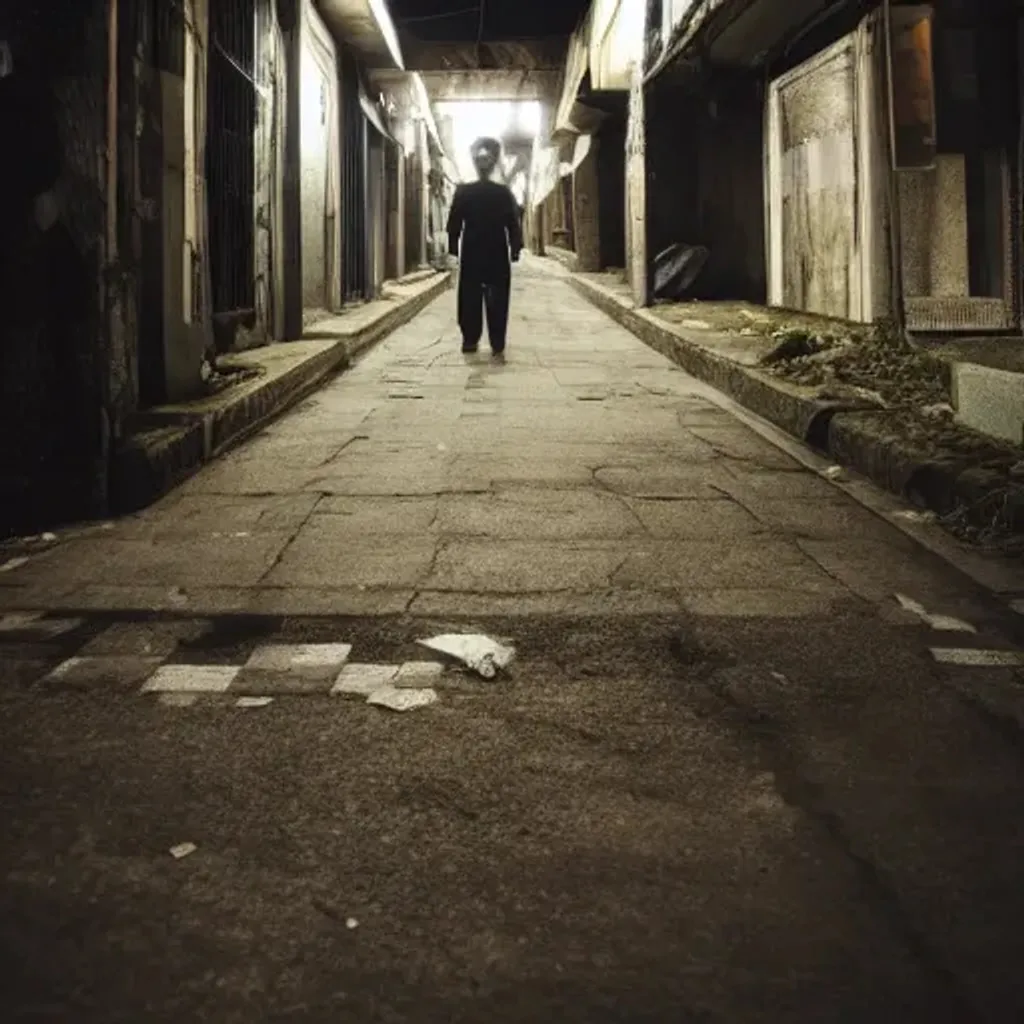 Prompt: abandoned korean street at night, creepy people standing, garbage on ground