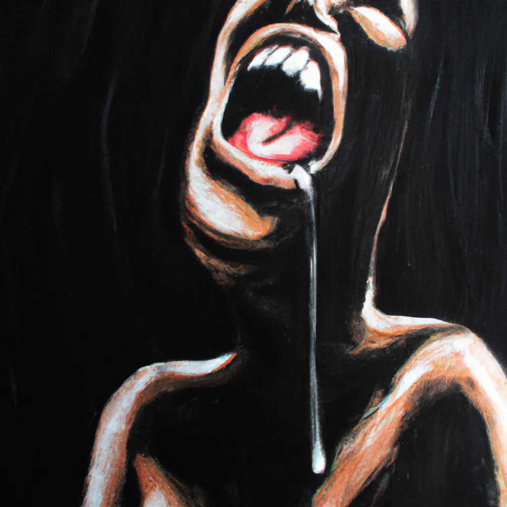 Prompt: oil painting, distorted face,distorted female body, horror, dark background, crying, vomiting the earth,pain, agony