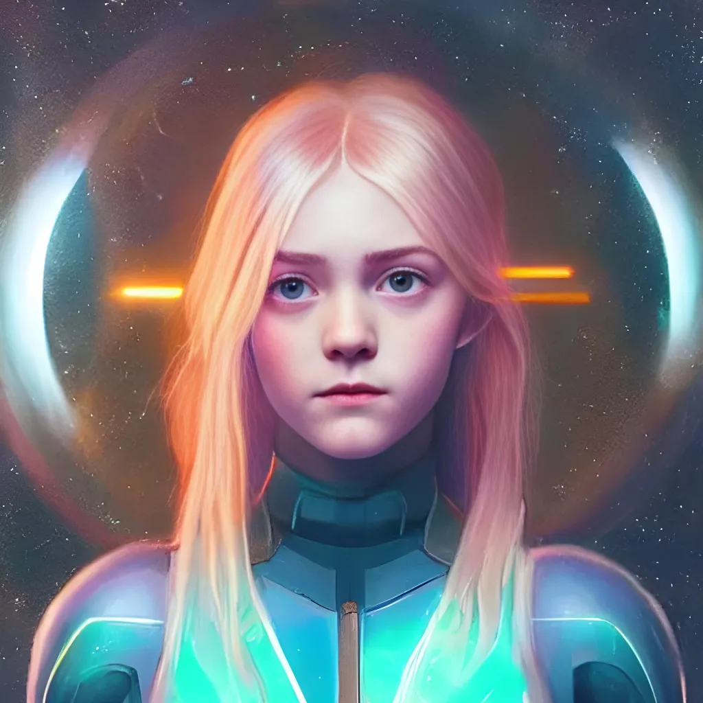 Prompt: beautiful girl detailed eyes beautiful face a perfect mix of saoirse ronan and elle fanning wearing samus aran's metroid power varia gravity suit armos in space three quarters portrait neon lens flare in by greg rutkowski
