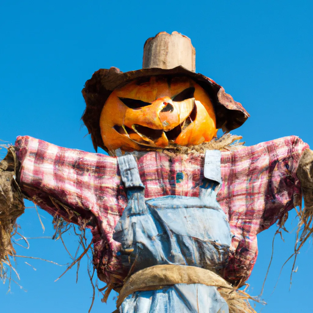 Prompt: A scarecrow made of hay with a pumpkin head 