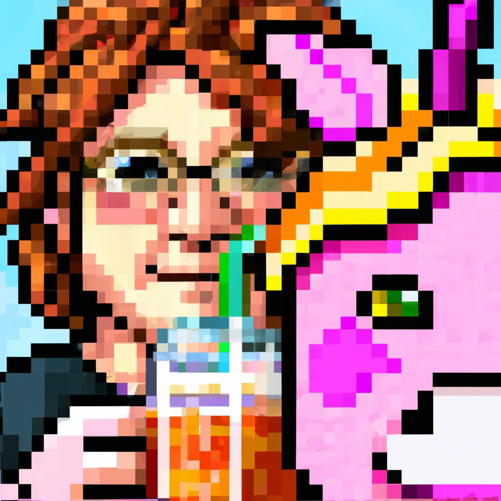 Prompt: Close-up portrait of a man with curly orange hair drinking smoothie on a unicorn, pixel art, detailed