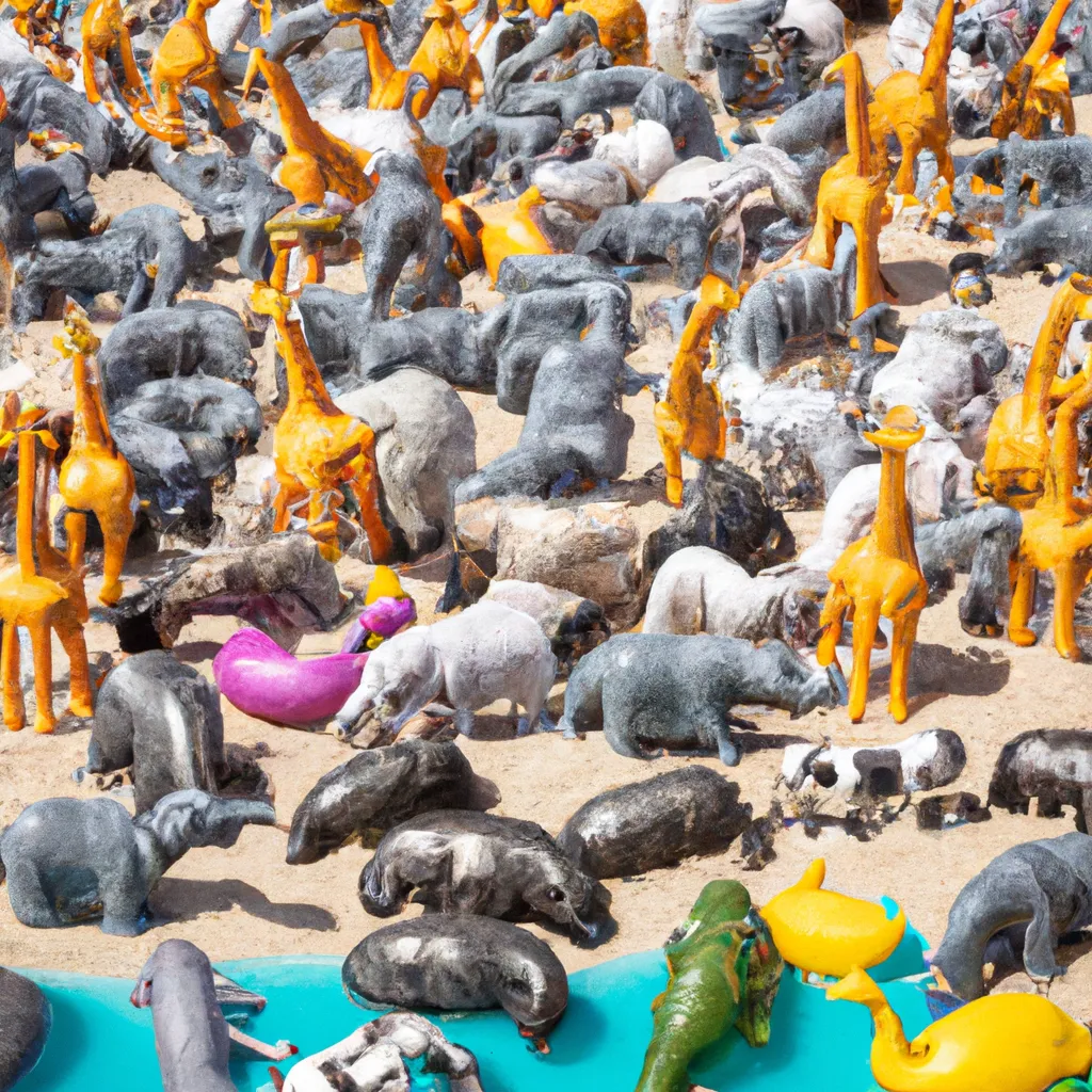 Prompt: Hundreds of animal vinyl figures relaxing on the beach realistic 