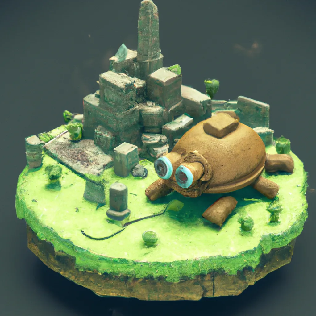 Prompt: 3D render of a cute dystopian city on top of a giant moss covered robot turtle in a clay style, isometric view, new york ruined city background, substance 3d painter, blender, smooth texture, Volumetric lighting, high resolution, trending on behance.net, by Nintendo