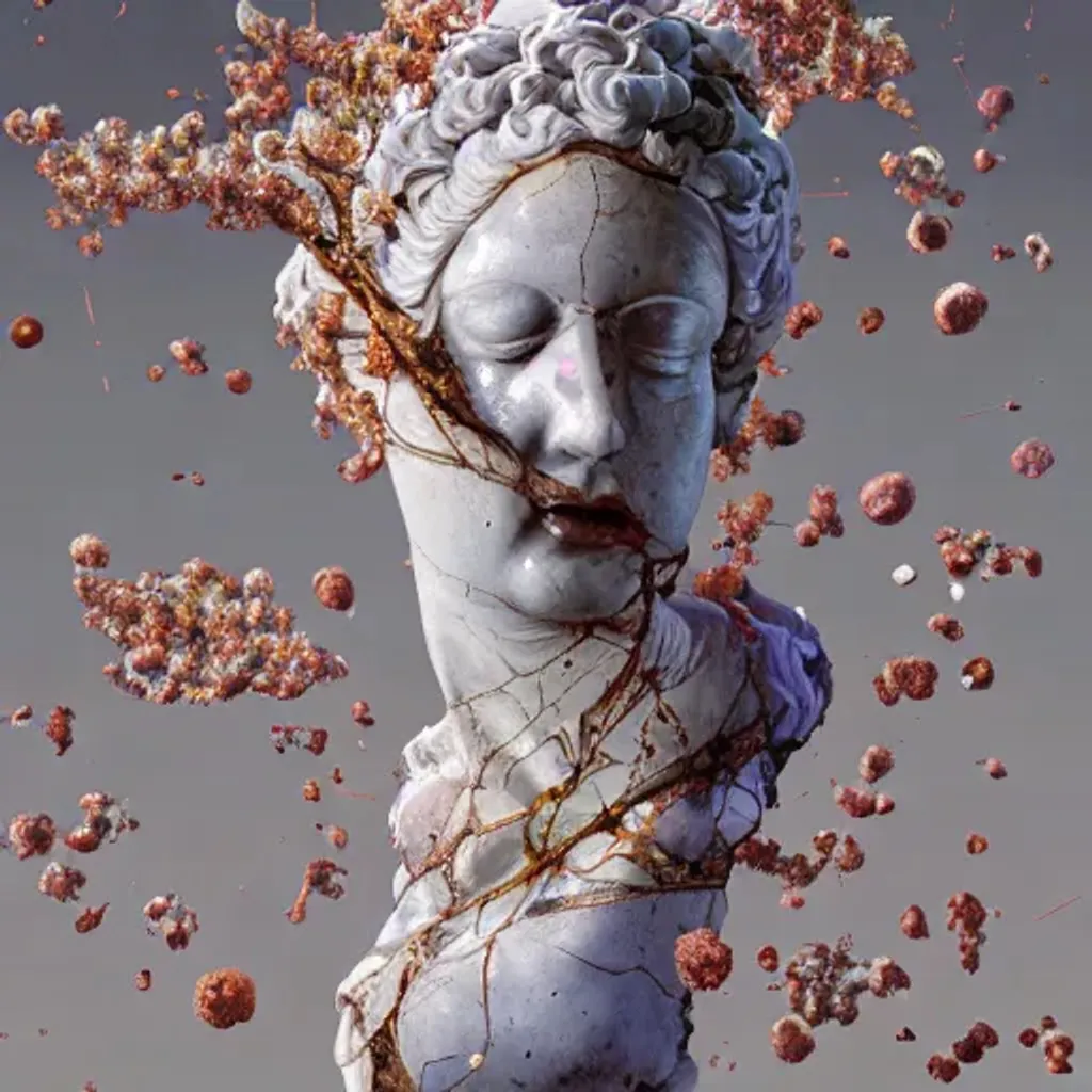 Prompt: realistic 8k digital painting of a stunning intricate cracked multicolored milky marble Ancient Female Statue design Bernini Sculpture. Kintsugi. Angry wasps in the cracks and flying around. by Daytoner, Greg Tocchini, Yoshitaka Amano. sentient mycelium and misty xparticles. Scattered Cherry blossoms Hyperrealism. Subsurface scattering. Octane Render