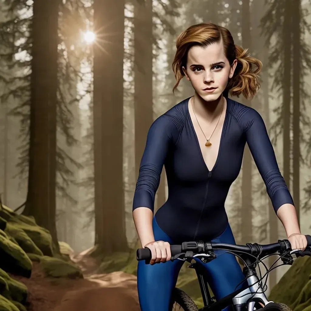 Prompt: "Beautiful adventurous Emma Watson riding "mountain bicycle with sturdy golden frame, thick tires, saddle wide padded", GAN face delicate refined, eyes well defined, nose small straight, hyperrealistic hands, shirt long-sleeved blue, pants stretchy confortable, shoes good grip. Centered closeup half-portrait in a luxurious forest. 16k resolution, intricate hyperdetailed photographic cinematic digital painting Anna Dittmann, JW Waterhouse, Gustave Moreau, Cinema 4D, natural lighting, contrasting colours, Nikon, lifelike, fantasy, HDR". "meticulously detailed lifelike photorealistic painting Alphonse Mucha, Peter Mohrbacher, subsurface scattering, octane render"