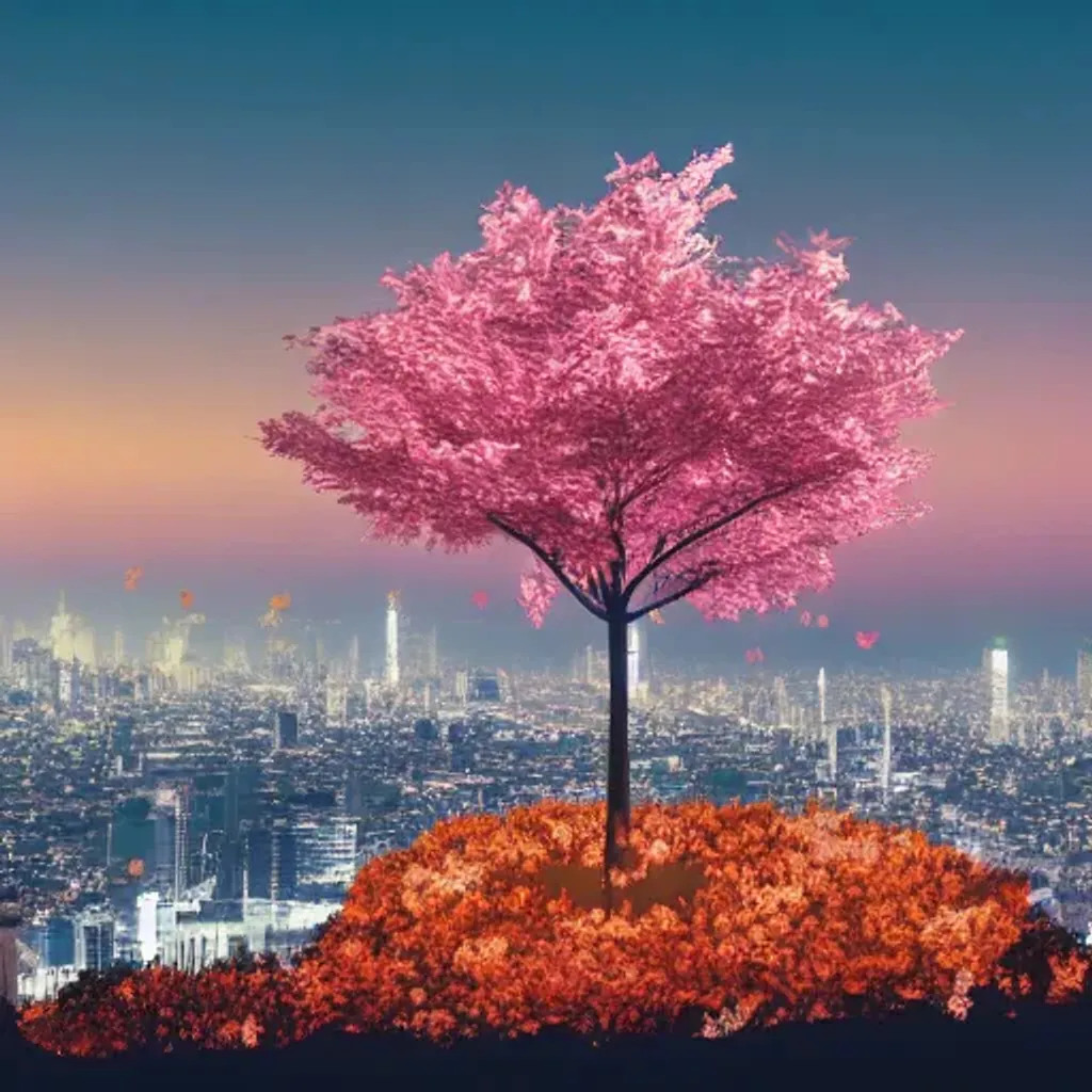 Prompt: three low poly cherry blossom trees on a hill in autumn at night, with city skyline in the background