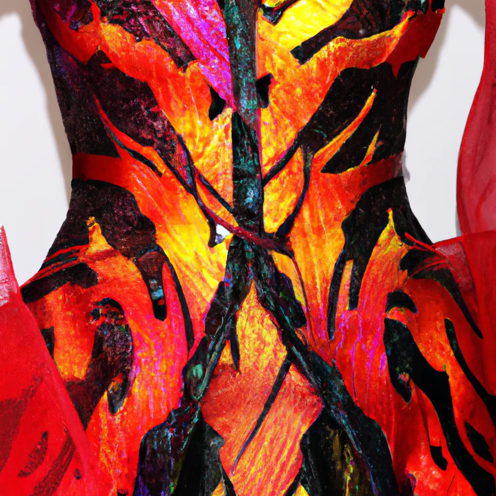 Prompt: avant-garde haute couture iridescent dragon-scale and red silk elaborate fashion gown design