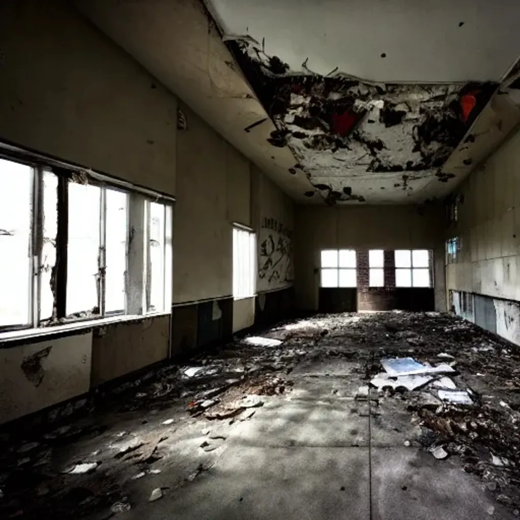 Prompt: abandoned school, broken tables, posters on walls, concrete hallways, ground with garbage, covered windows and liminal space, dark