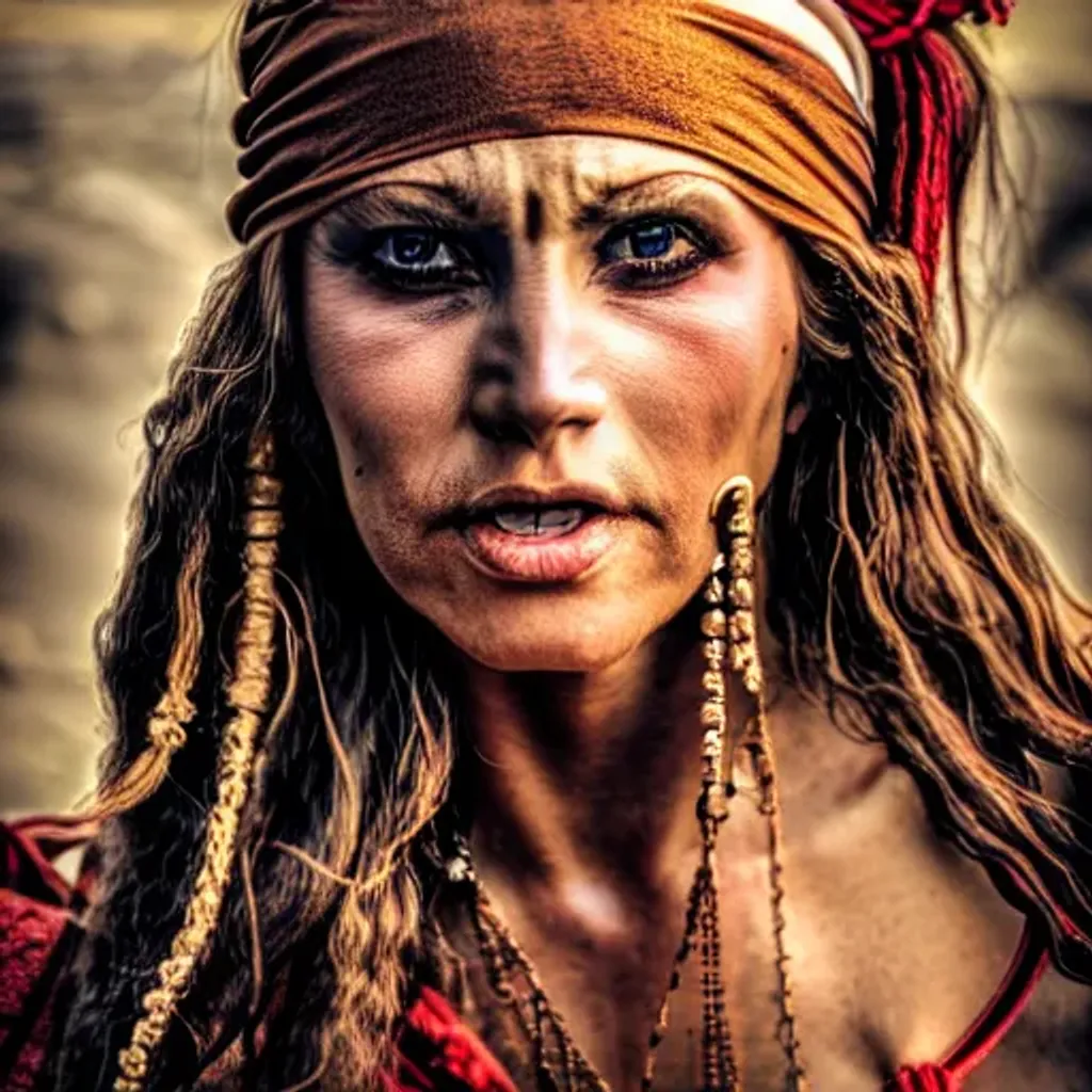 Prompt: beautiful pirate woman with pirate's, clothing, 8k, HDR, smooth, sharp focus, hyper-realistic, high resolution, award-winning photo, golden hour, 