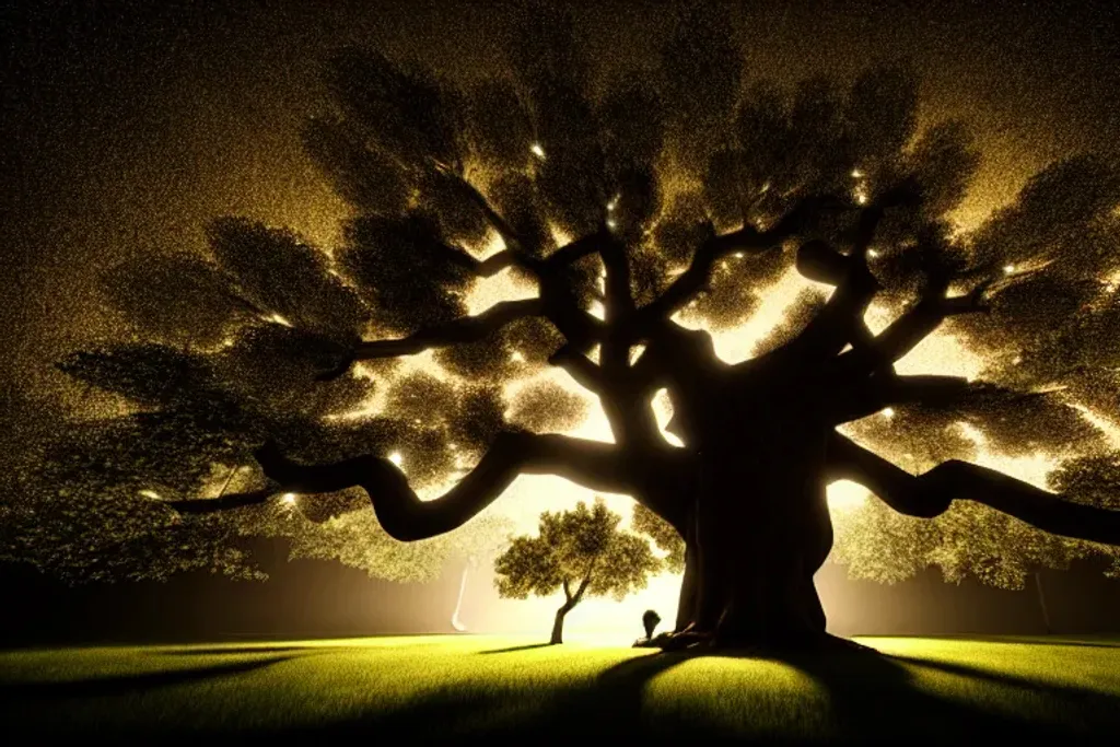 Prompt: image of an oak tree, majestic, giant, night-time, digital art, casting a long dark shadow, by caravaggio, cgi, lumion