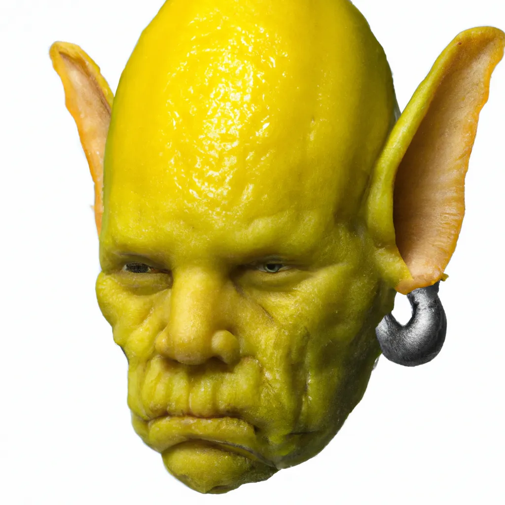 Prompt: Photo realistic lemon Frankenstein's Monster, normal human ears, bolts coming out of neck, with a very yellow, super yellow, Lemon head. 