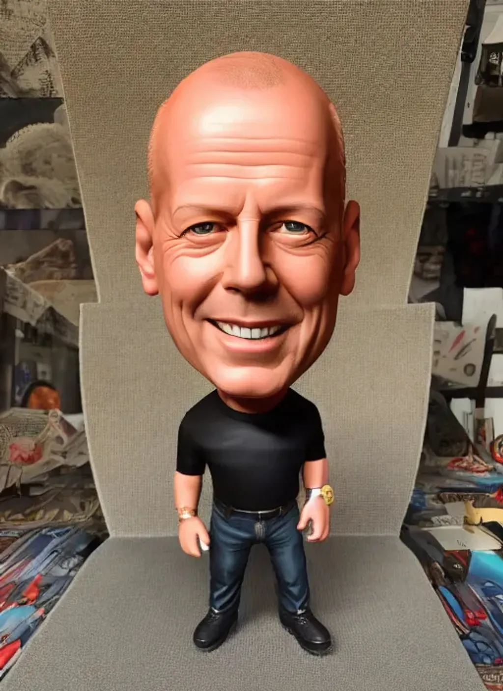 Prompt: ((((((((((((bobblehead)))))))))))))Bruce Willis((((((((((((bobblehead))))))))))))) ,big smile, comic style big head small body, intricate, vivid color, highly detailed,  cinematic, digital art, sharp focus, trending on art station, 