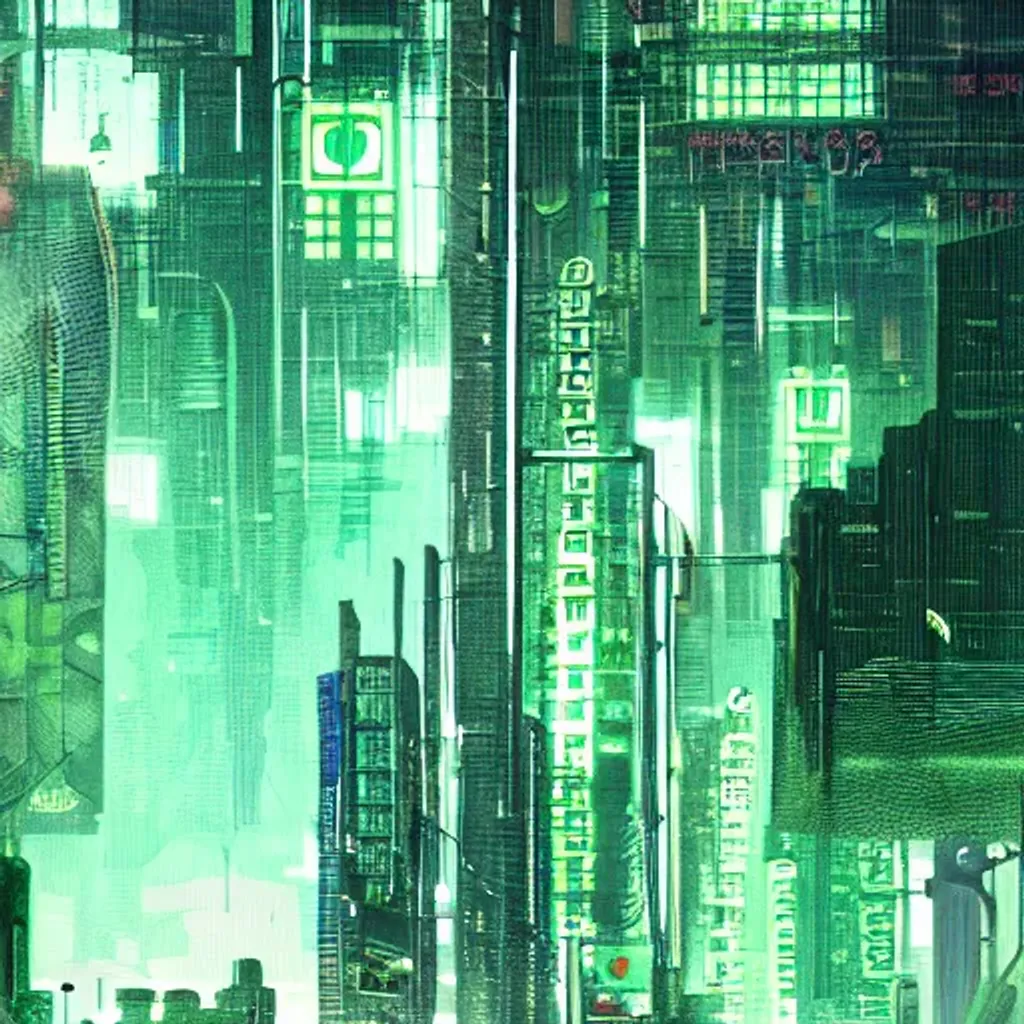 Prompt: Abstract cyberpunk city, green style, at night, rainy, streetlamp, 8k, trending on artstation