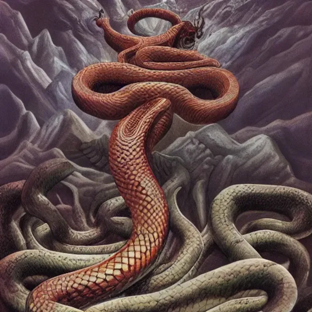 Prompt: a giant snake god in the valley of shadows,  bloodlust , highly detailed, surreal 