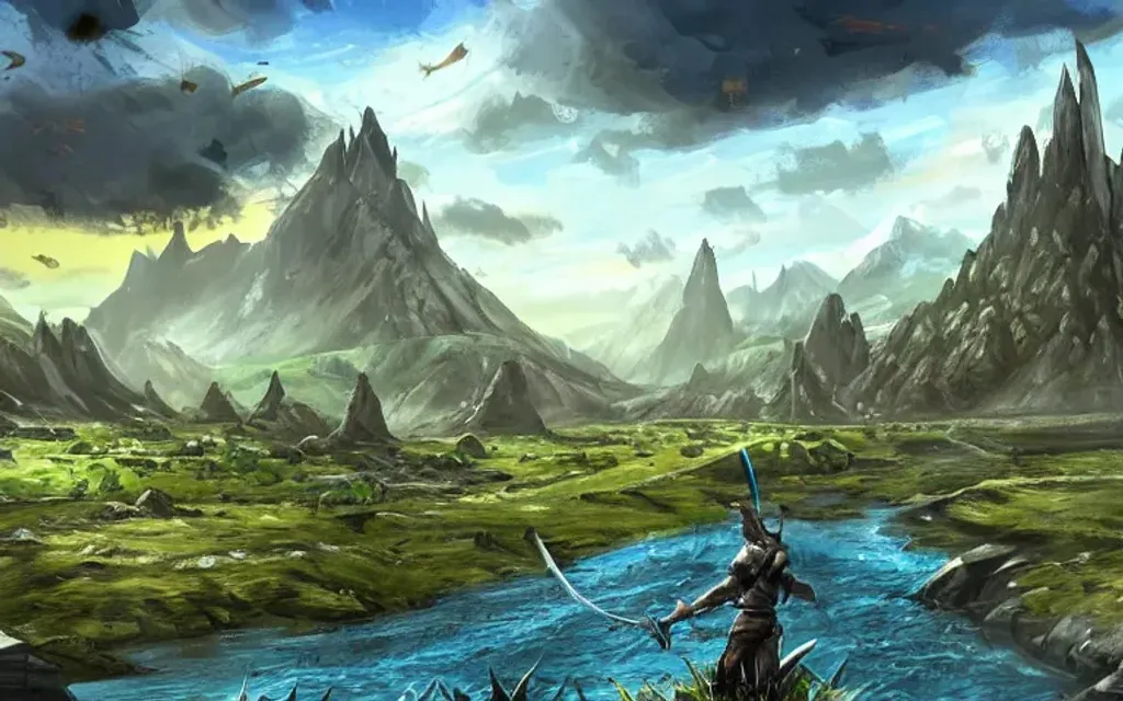 Prompt: landscape, video games, elder scrolls, morrowind, blades, swords, fantasy, dragons, mountains, fields, trees, retro, tall trees, river, water, color blue, color green, ariel view, blue sky, bright blue, bright green, battle, warriors, mages, wizards, witches, orcs, trolls, fantasy city in the distance, day time, bright, 80s dark fantasy film, 80s dark medieval film, 80s fantasy film, 80s medieval film, fantasy village, fantasy castle, fantasy stronghold, fantasy city, fantasy video game, townsfolk, dragons, tamriel, fantasy buildings, defined fantasy city, elder scrolls city, vvardenfell, volcano, red mountain, balmora, sedya neen, caldera, netch, bull netch, vivec, ebonheart, Hlaalu, Telvanni