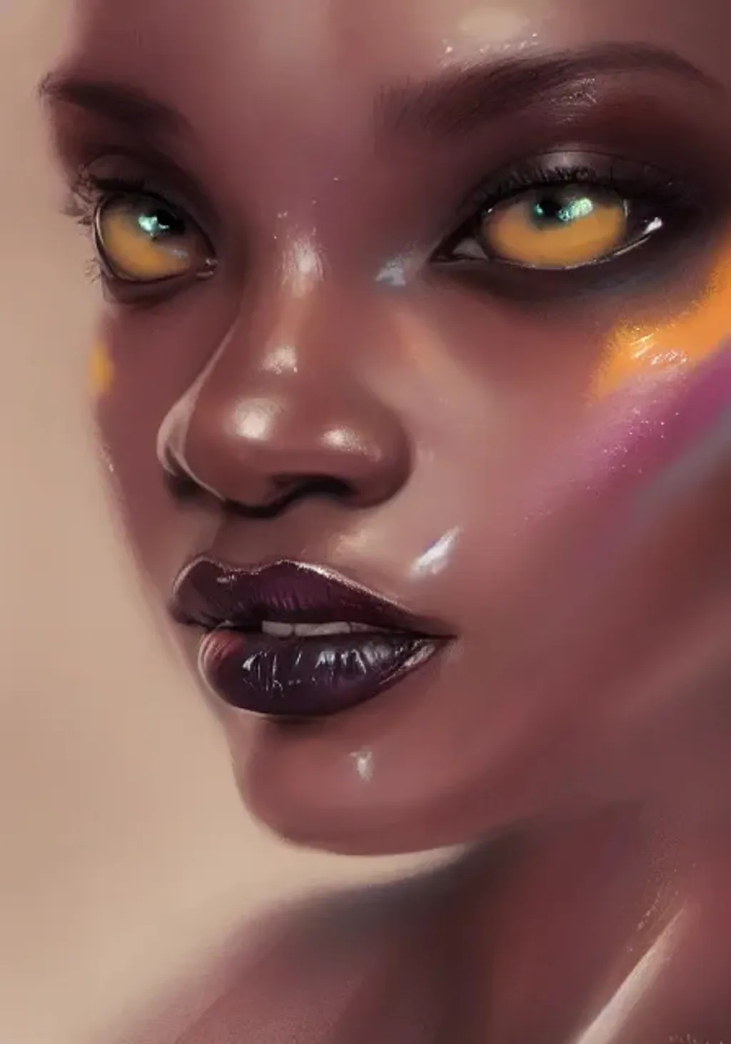 Prompt: Closeup face portrait of a {black woman}, smooth soft skin, big dreamy eyes, beautiful intricate colored hair, symmetrical, soft lighting, detailed face, by  stanley artgerm lau, wlop, rossdraws, concept art, digital painting, looking into camera