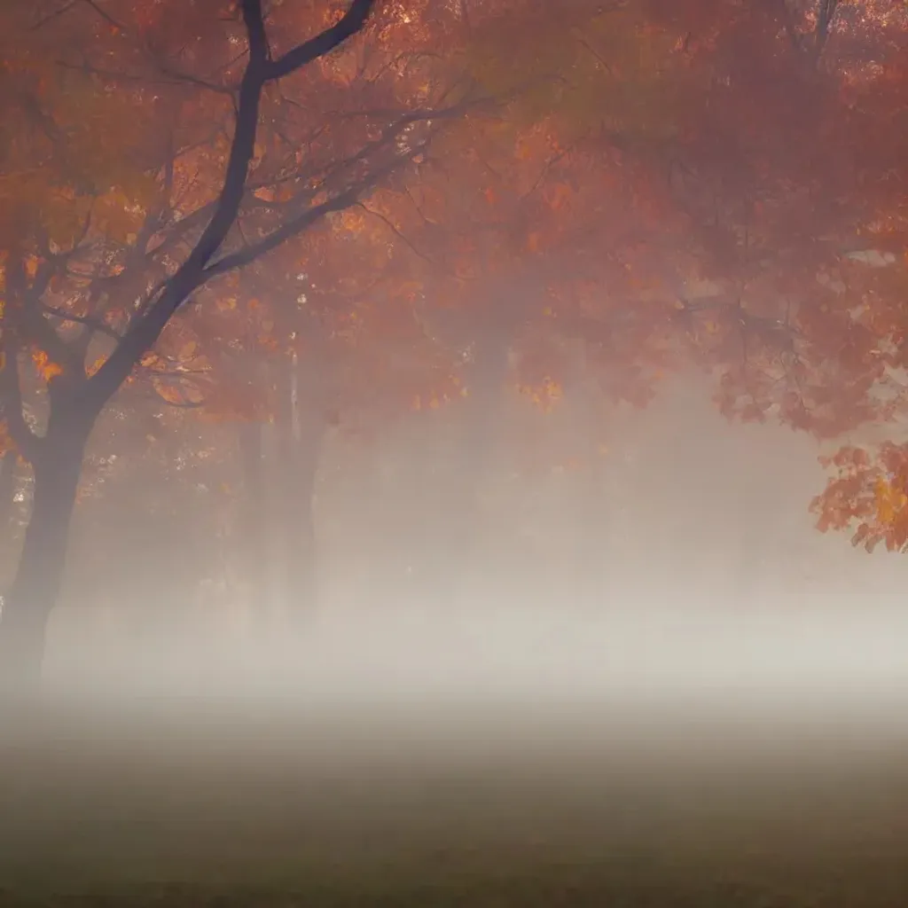 Prompt: hills covered in trees with autumn colors, soft light, at night with city in the distance