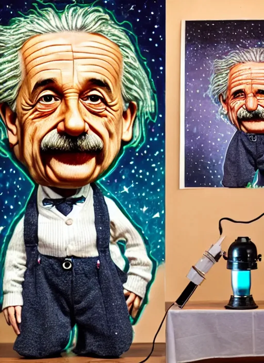 Prompt: ((((((((big big big big big head))))))), (((((((tiny tiny tiny tiny tiny tiny body)))))), portrait of Albert Einstein standing by a lamp in space, big head tiny body, big smile, perfect teeth, perfect sparkling eyes, highly detailed facial features, comic style, caricature style, intricate, vivid color, highly detailed body,  cinematic, digital art, sharp focus, trending on art station, 