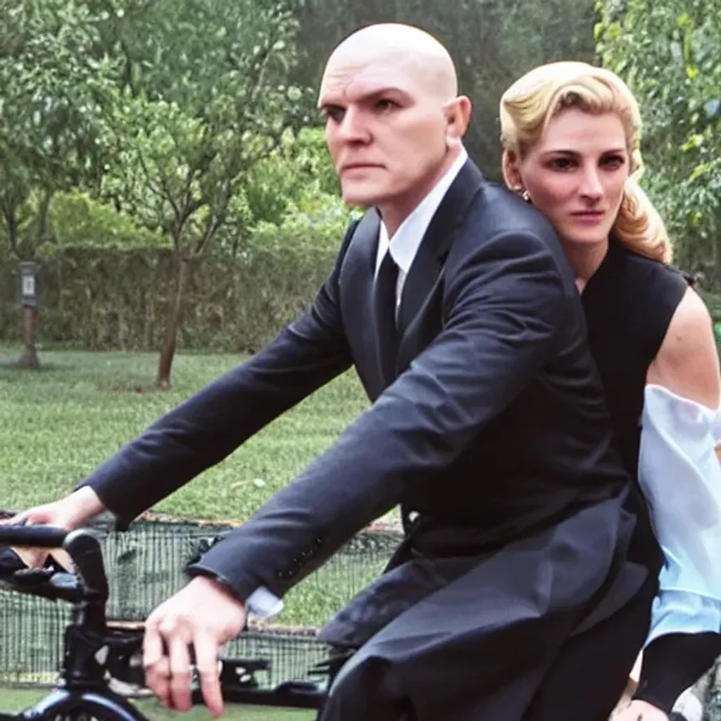 Prompt: Agent 47 and Diana on a bicycle for two