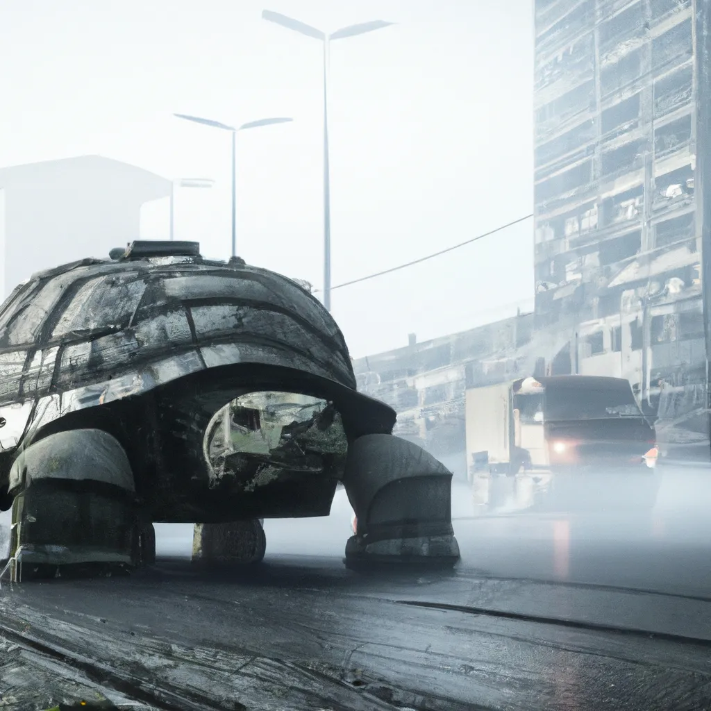 Prompt: a giant oversized turtle monster walking through a misty city street.  turtle with body military vehicle, armored  Rockets.  Military.  amazing quality.  HD intricate details. Cinematic. 