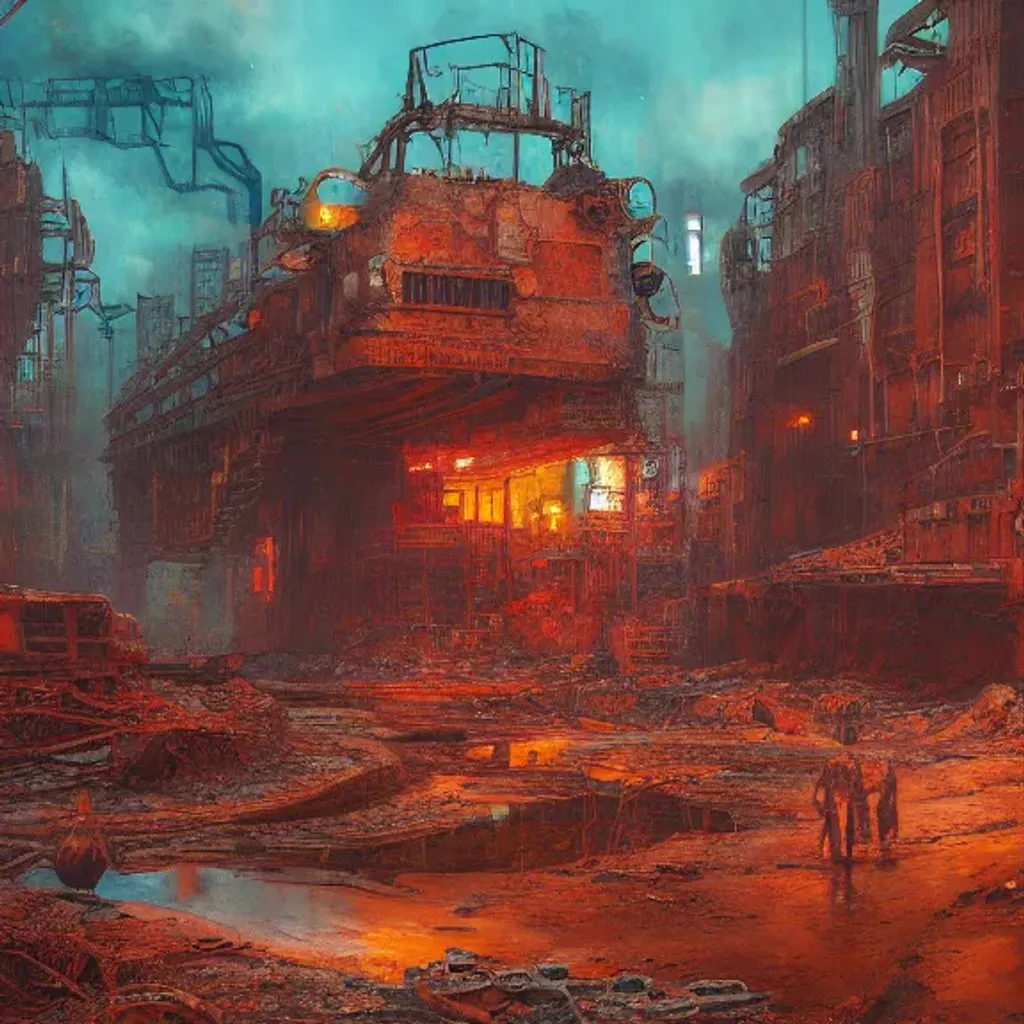 Prompt: Intricately Detailed digital painting of dystopian wasteland NY abandoned landing docks and rusty trucks destroyed streets steampunk 8k Artstation triadic colors Unreal 5 volumetric orange teal Kandinsky neon sci-fi steampunk combining style of Beksinski digital Art beautiful detailed intricate insanely cinematic octane render 8k dynamic volumetric cinematic triadic  Hyper realistic 4D 8K
model, unreal engine, hdr, highly detailed photo dramatic