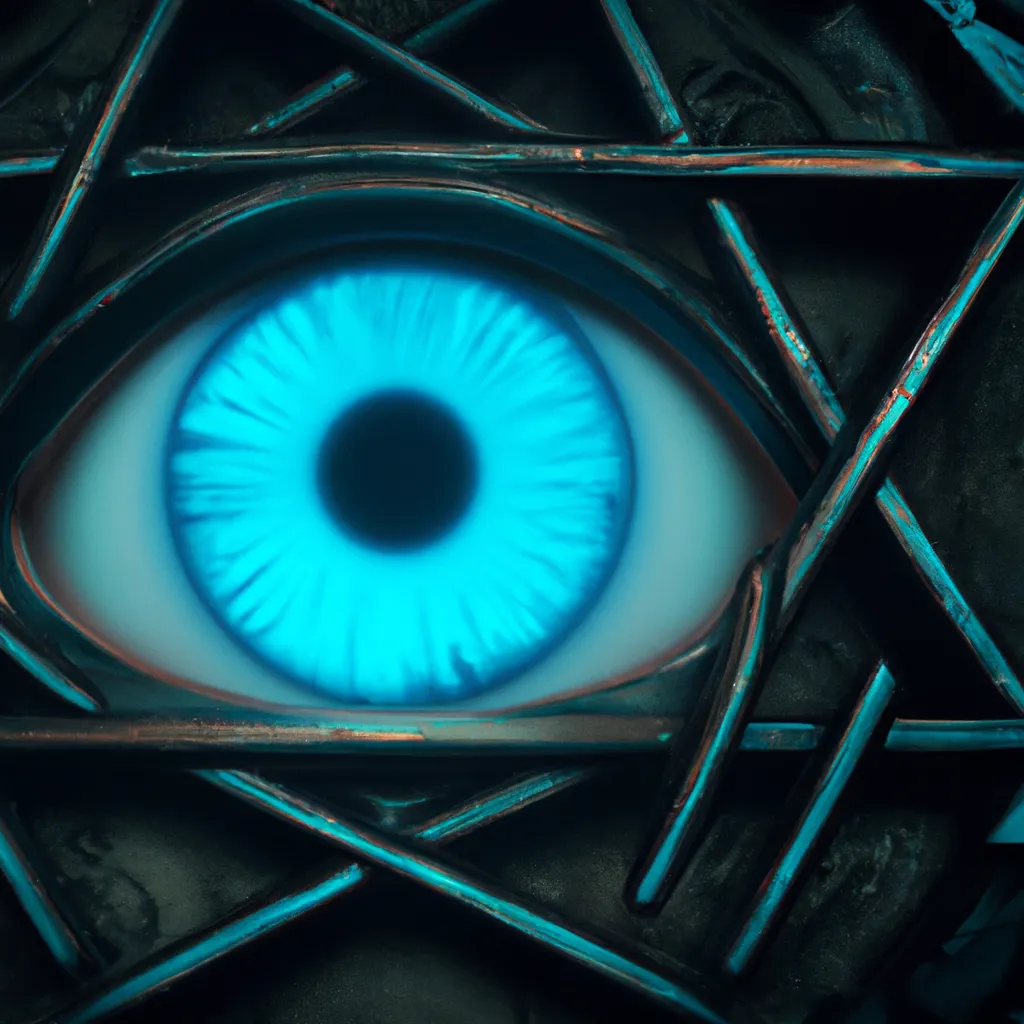 Prompt: close up photo of a blue eye inside of a dystopian 3D freemasonary symbol , hyperrealistic HD, satanic 